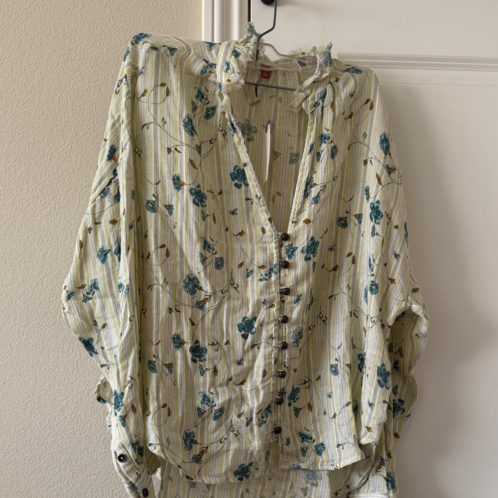 Anthropologie Striped Floral Blouse - Cream and Blue